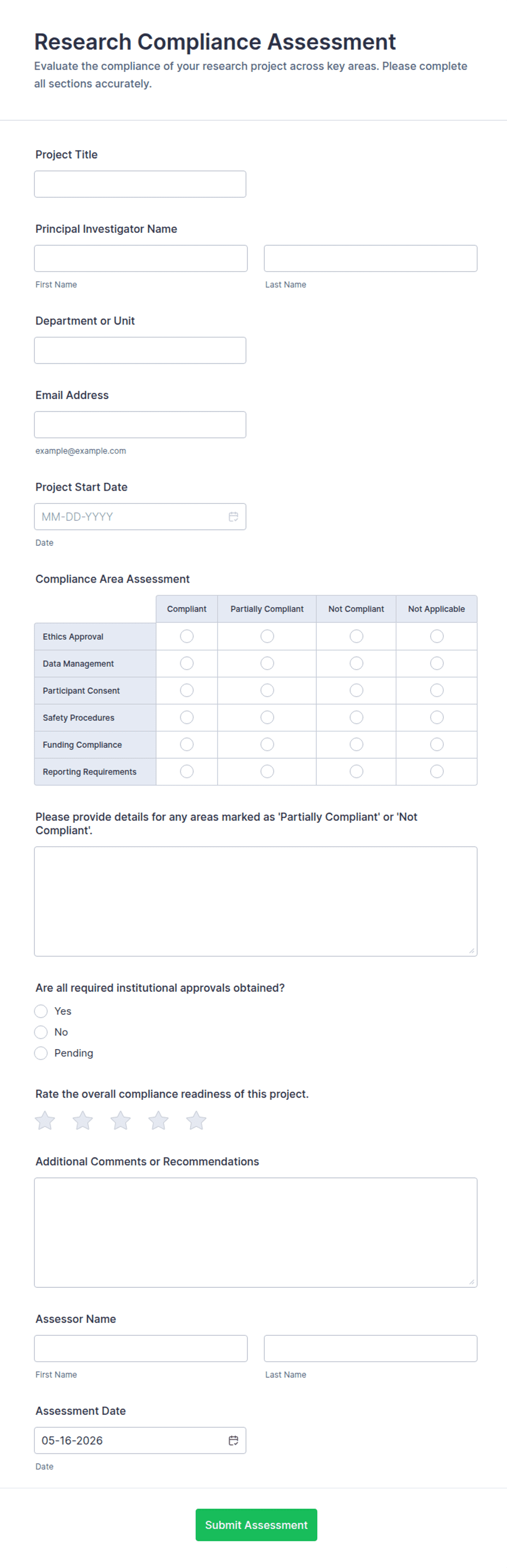 Research Compliance Assessment Form Template | Jotform