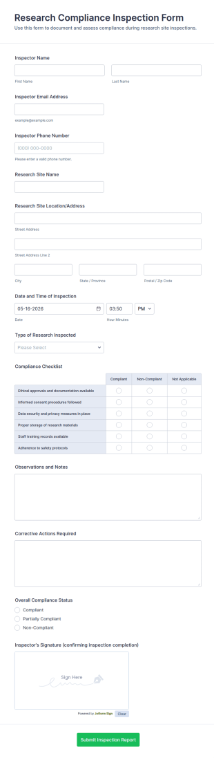 Research Compliance Inspection Form Template