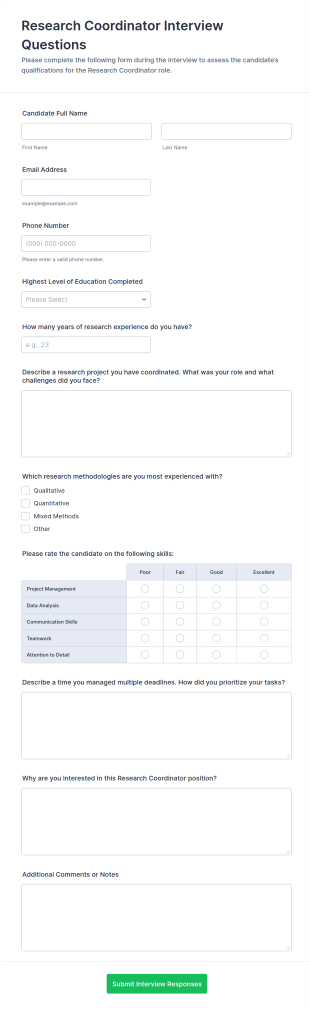 Research Coordinator Interview Questions Form Template