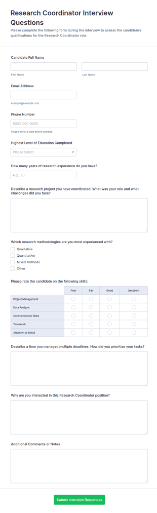 Research Coordinator Interview Questions Form Template