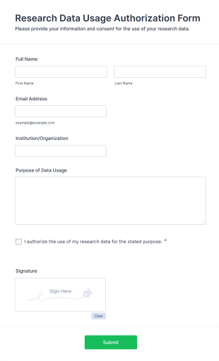 Research Data Usage Authorization Form Form Template