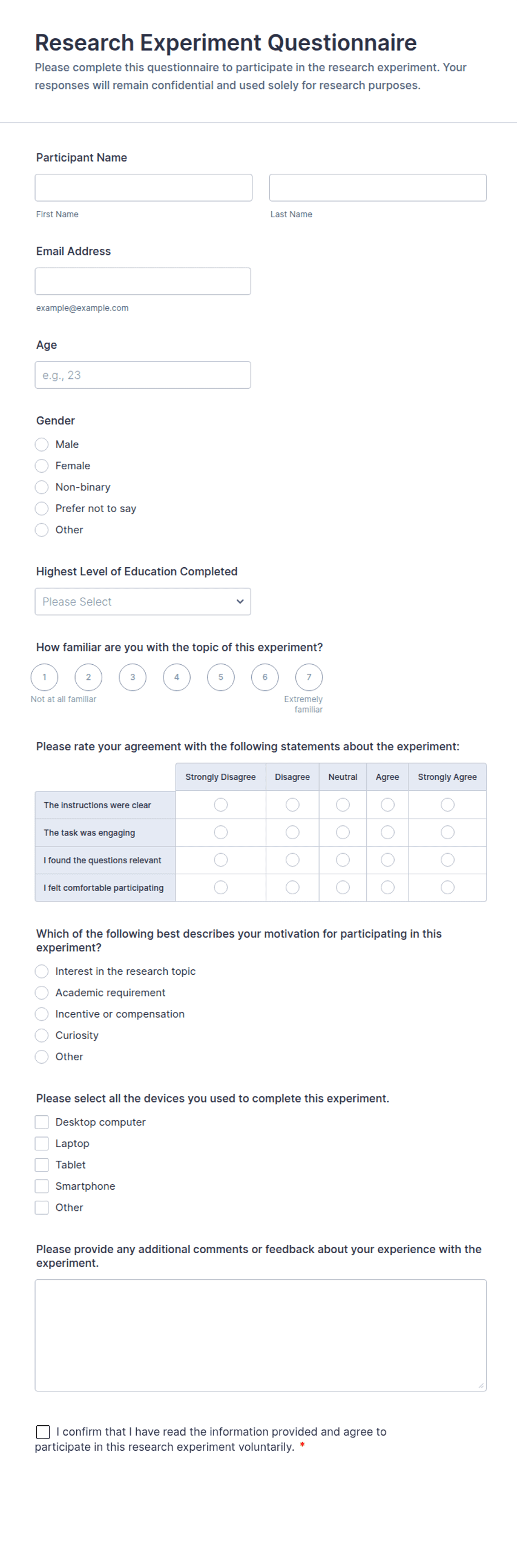 Research Experiment Questionnaire Form Template | Jotform
