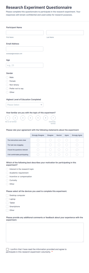 Research Experiment Questionnaire Form Template