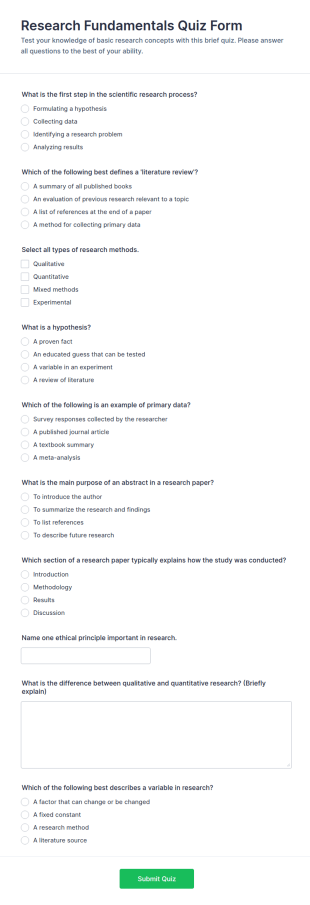 Research Fundamentals Quiz Form Template