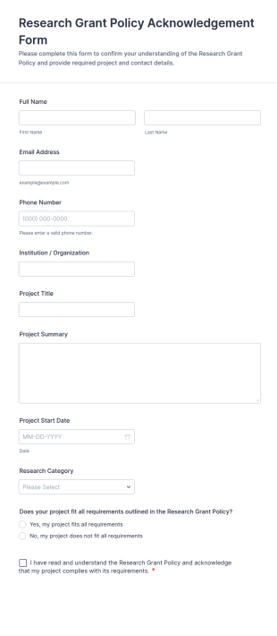Research Grant Policy Acknowledgement Form Template
