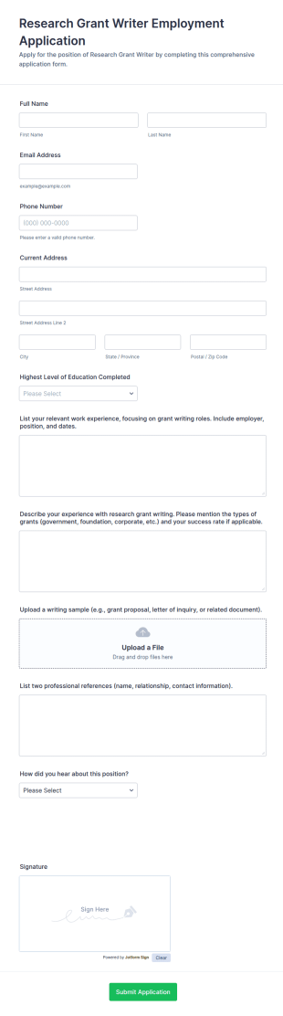 Research Grant Writer Employment Application Form Template