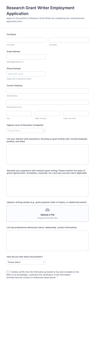 Research Grant Writer Employment Application Form Template