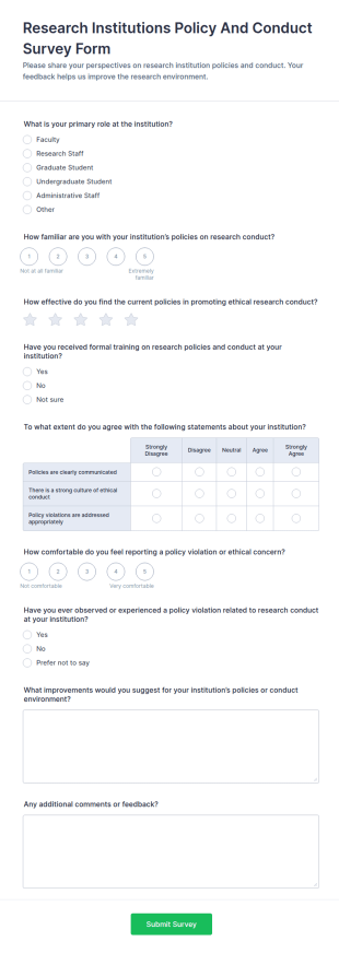 Research Institutions Policy And Conduct Survey Form Template