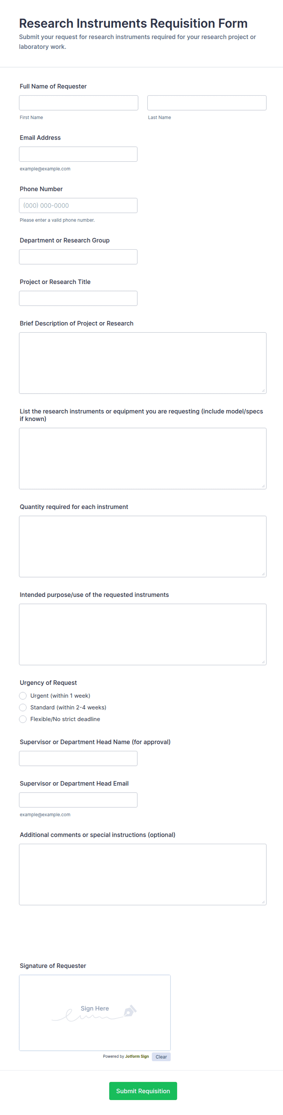 Research Instruments Requisition Form Template | Jotform