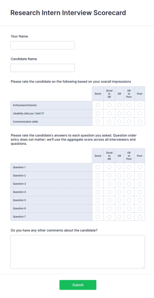 Research Intern Interview Scorecard Form Template