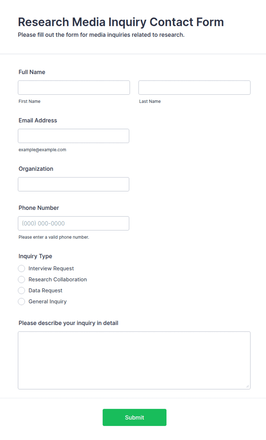 Research Media Inquiry Contact Form Template | Jotform