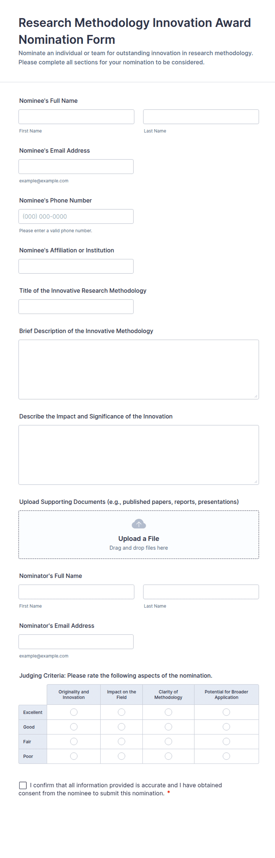 Research Methodology Innovation Award Nomination Form Template | Jotform