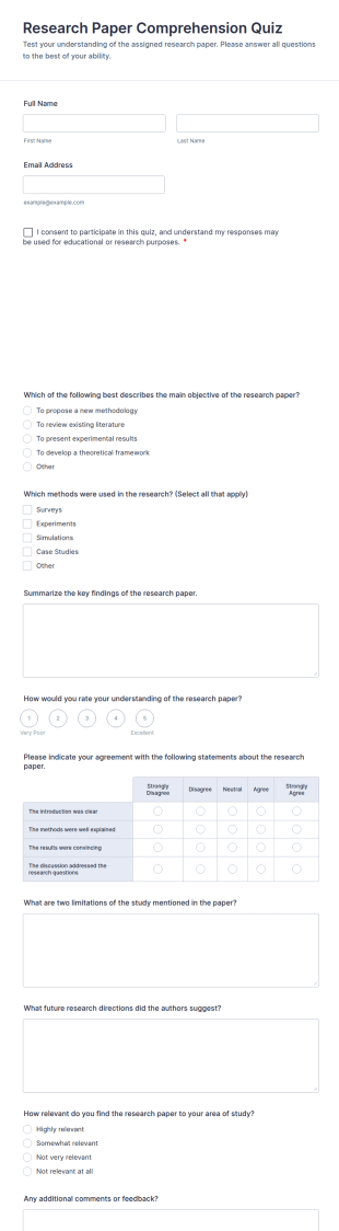 Research Paper Comprehension Quiz Form Template