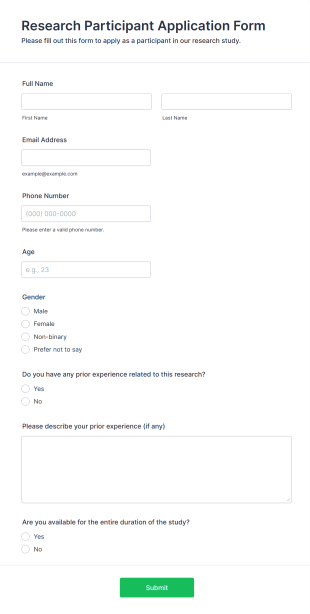 Research Participant Application Form Form Template