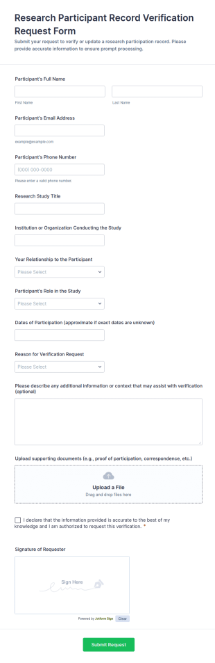 Research Participant Record Verification Request Form Template