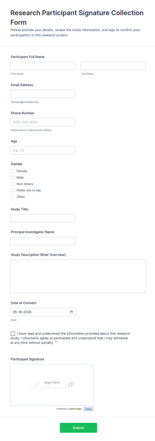 Research Participant Signature Collection Form Template