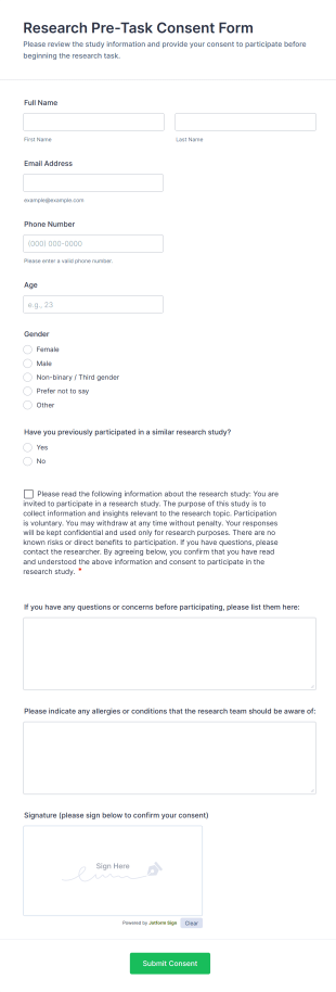 Research Pre Task Consent Form Template