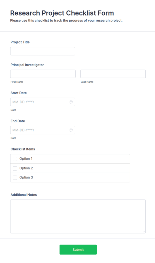 Research Project Checklist Form Template