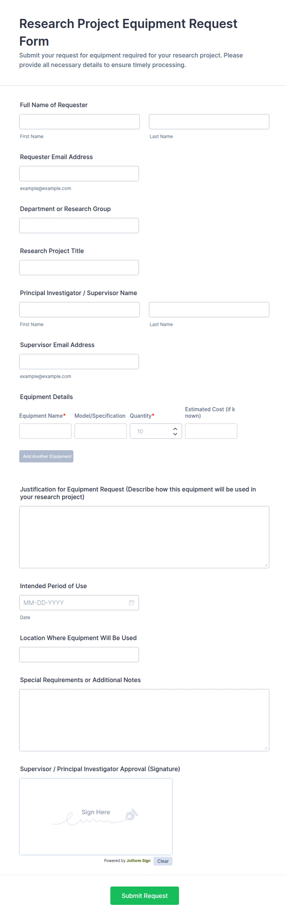 Research Project Equipment Request Form Template | Jotform