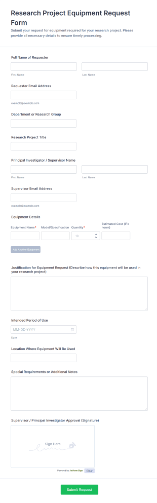 Research Project Equipment Request Form Template