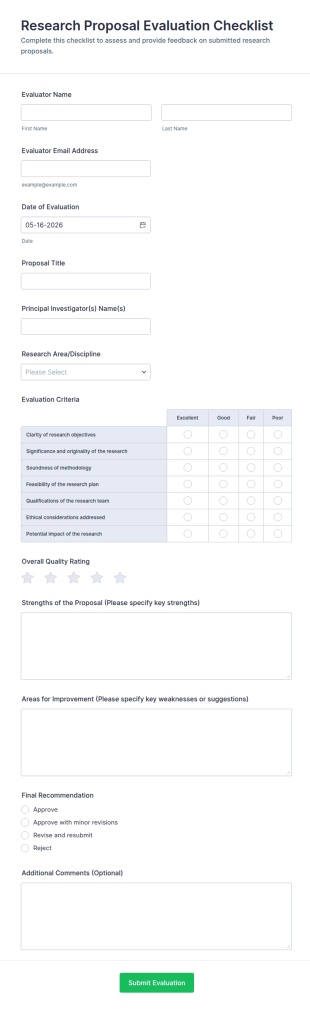 Research Proposal Evaluation Checklist Form Template