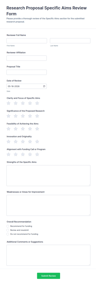 Research Proposal Specific Aims Review Form Template
