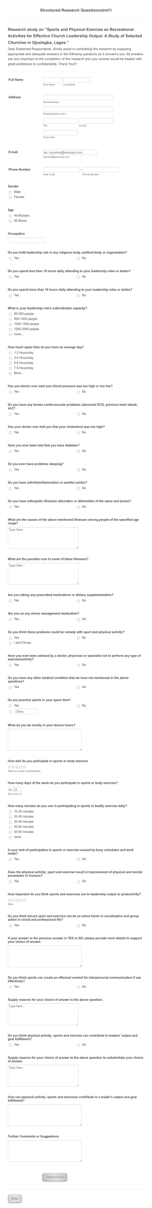 Research Questionnaire Form Template