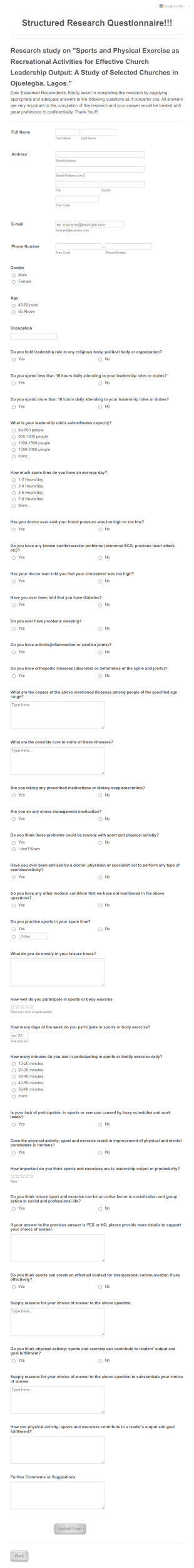 Research Questionnaire Form Template