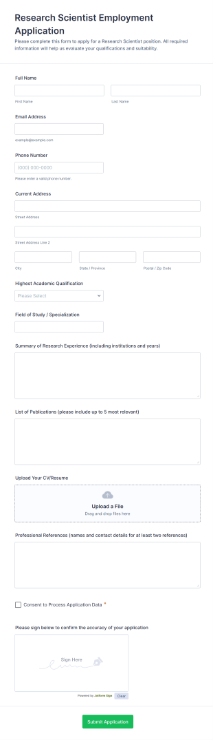 Research Scientist Employment Application Form Template