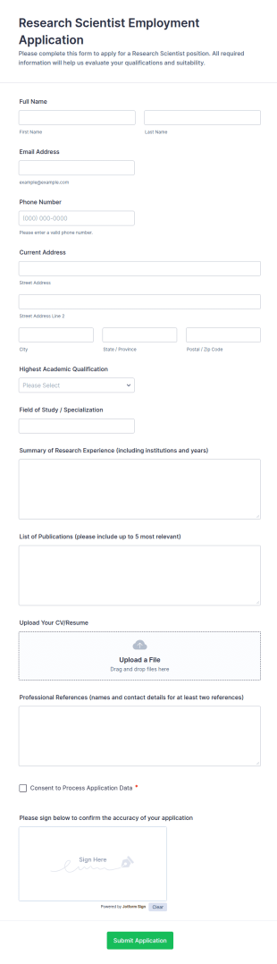 Research Scientist Employment Application Form Template
