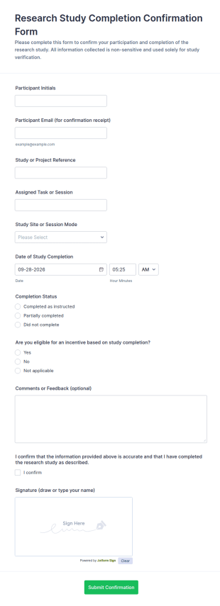 Research Study Completion Confirmation Form Template