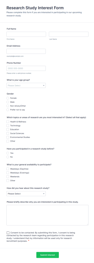 Research Study Interest Form Template