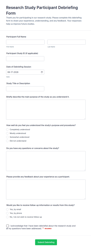 Research Study Participant Debriefing Form Template