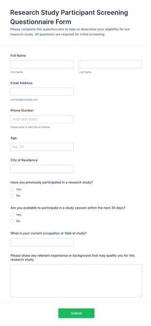 Research Study Participant Screening Questionnaire Form Template