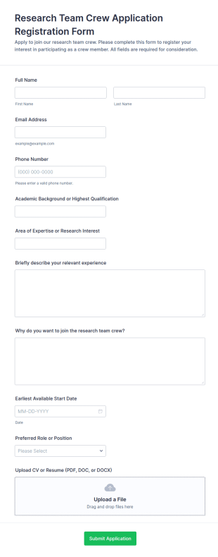 Research Team Crew Application Registration Form Template