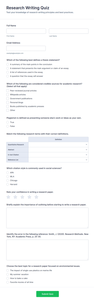 Research Writing Quiz Form Template