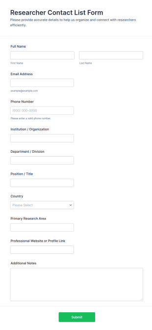 Researcher Contact List Form Template