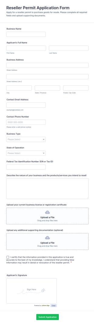 Reseller Permit Application Form Template