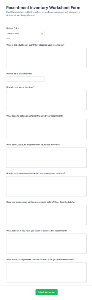 Resentment Inventory Worksheet Form Template