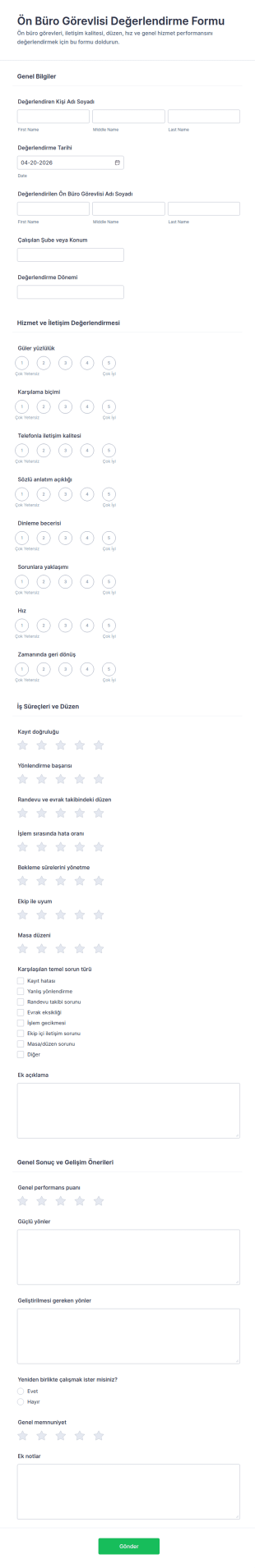 Resepsiyonist Değerlendirme Anketi 🎉 Form Şablonu