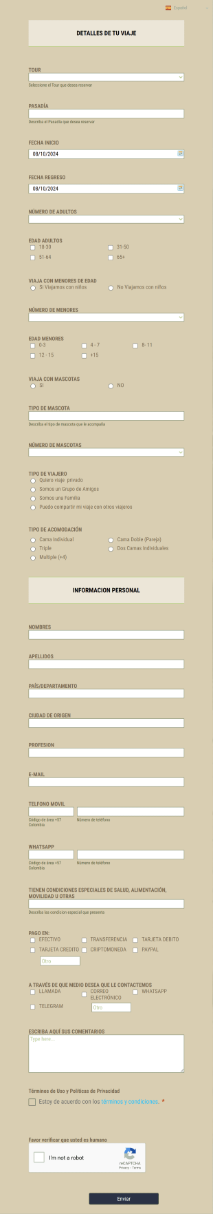 Formulario Reserva Turismo