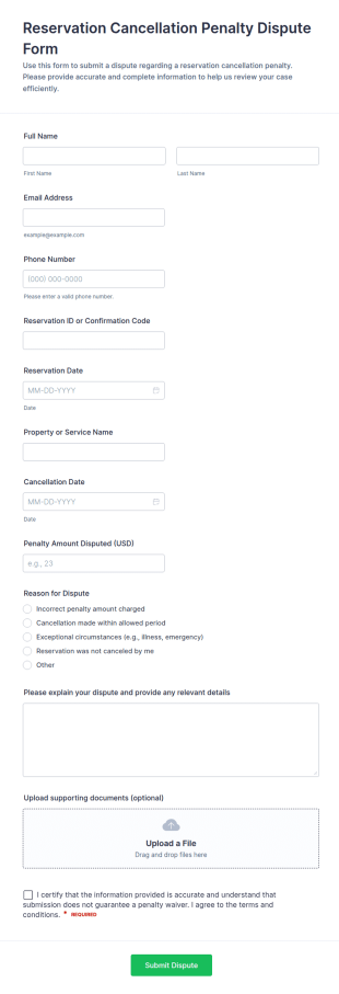 Reservation Cancellation Penalty Dispute Form Template