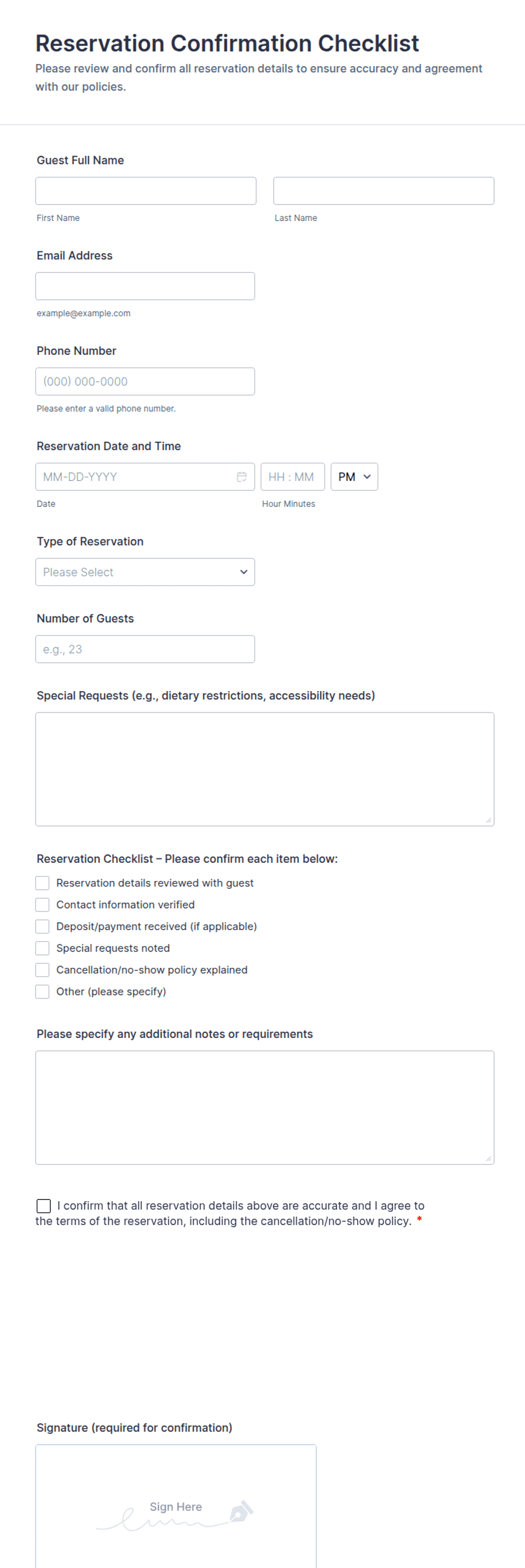 Reservation Confirmation Checklist Form Template | Jotform