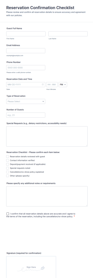 Reservation Confirmation Checklist Form Template