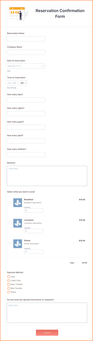 Reservation Confirmation Form Template