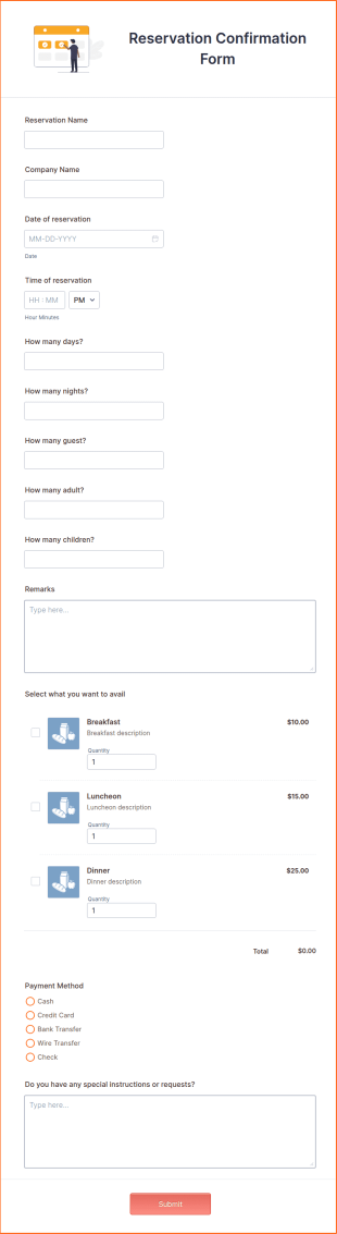 Reservation Confirmation Form Template