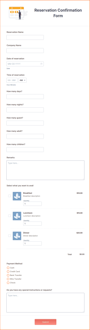 Reservation Confirmation Form Template