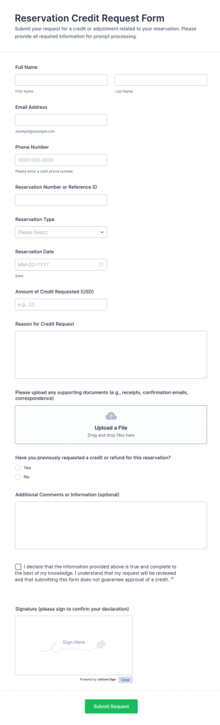 Reservation Credit Request Form Template