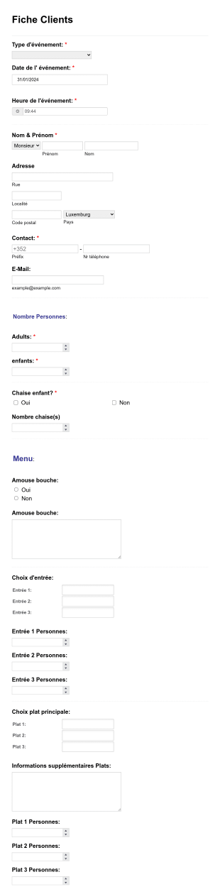 Reservation événement Restauration Form Template