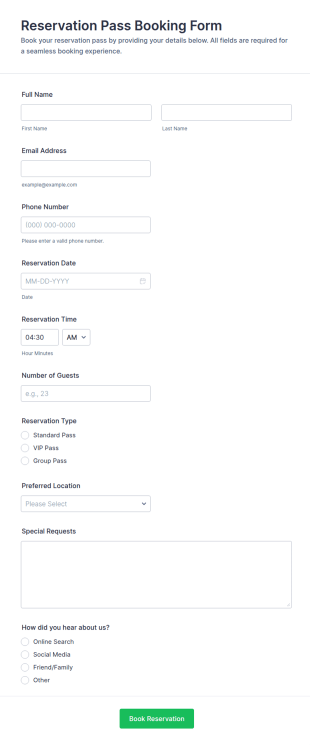 Reservation Pass Booking Form Template